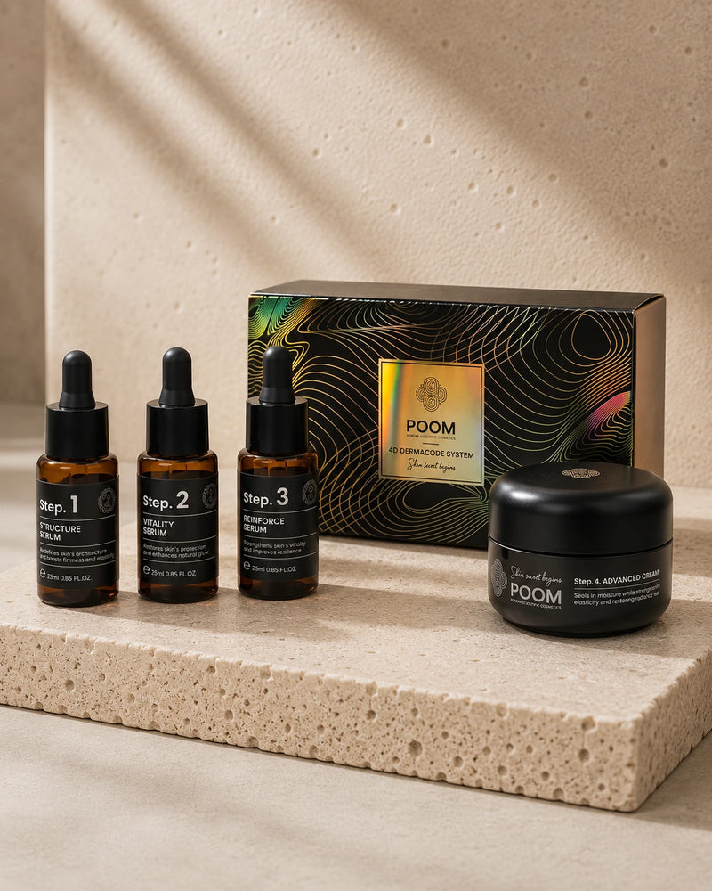 4D Dynamic Dermacode POOM · sistema antiedad celular de  4 pasos con células madre, vitamina C y péptidos coreanos