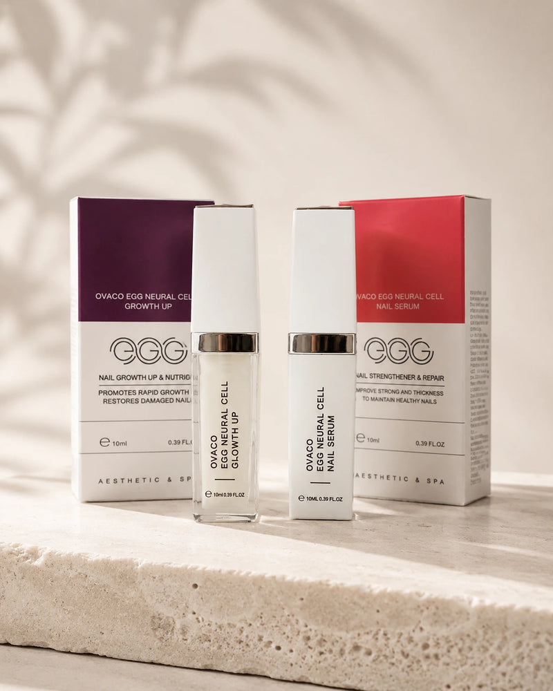 Tratamiento OVACO EGG para uñas compuesto por Nail Growth Up y Nail Serum, diseñado para fortalecer, reparar y favorecer el crecimiento saludable de las uñas dañadas y debilitadas