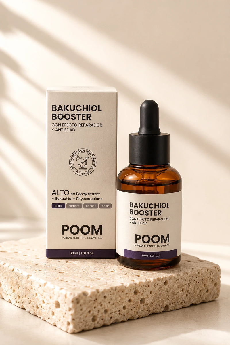 Bakuchiol Booster POOM · alternativa botánica al retinol con bakuchiol peonía y fitoescualano · antiedad vegano compatible embarazo
