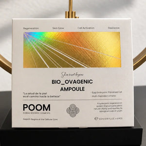 Bio_Ovagenic Ampoule POOM en fotografía creativa · tratamiento concentrado para potenciar la regeneración y el rejuvenecimiento cutáneo