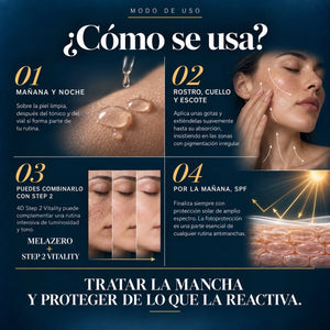 Cómo usar Derma MelaZero Serum POOM dentro de la rutina facial para tratar manchas y mejorar la uniformidad del tono.