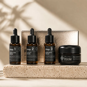Sistema completo POOM 4D Dermacode compuesto por Structure Serum, Vitality Serum, Reinforce Serum y Advanced Cream para mejorar firmeza, luminosidad, hidratación y calidad global de la piel