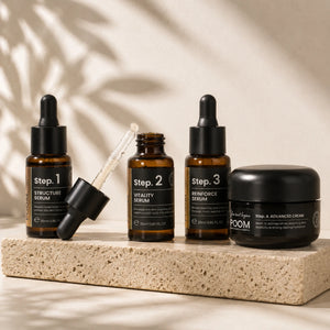 Cajas de los sérums POOM 4D Dermacode Step 1 Structure Serum, Step 2 Vitality Serum y Step 3 Reinforce Serum, rutina avanzada de cosmética coreana para firmeza y rejuvenecimiento facial