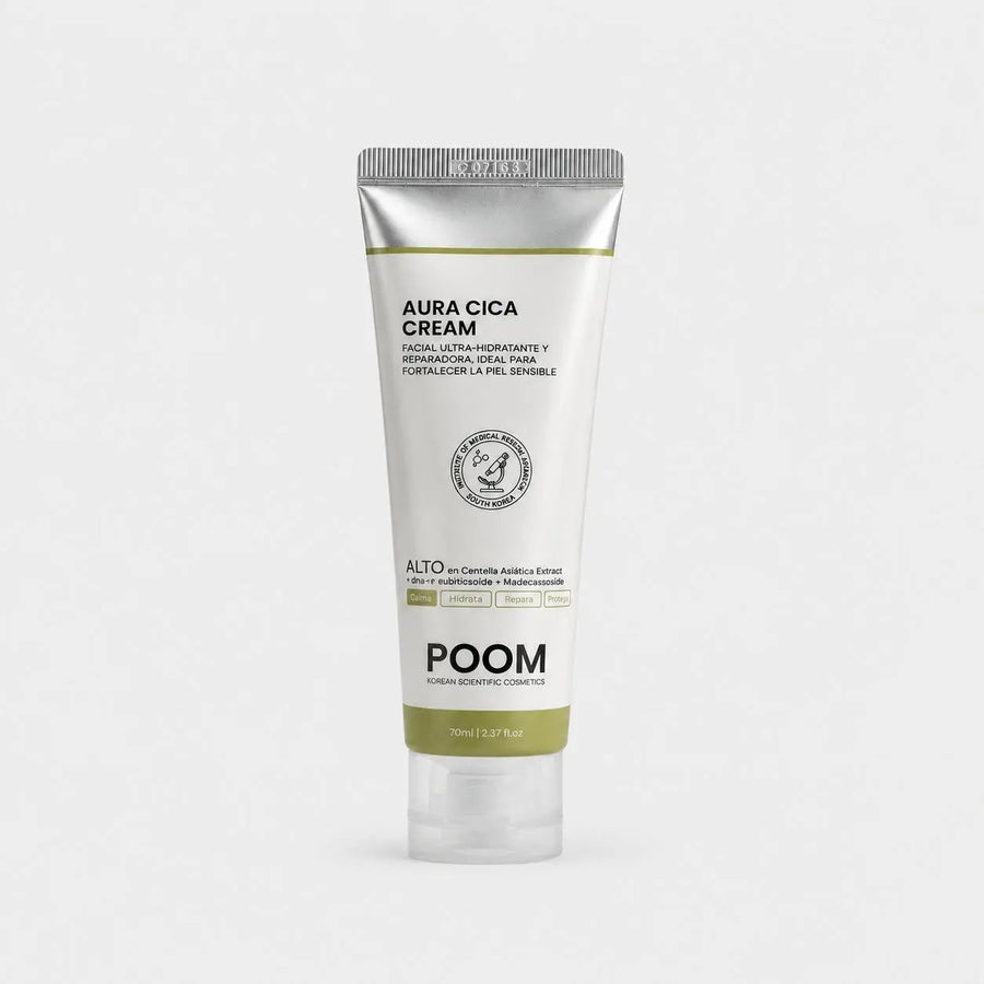 Envase de POOM, crema facial calmante y reparadora para piel sensible y reactiva.