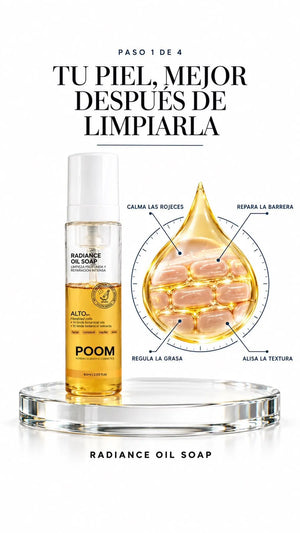 Textura en aceite de POOM limpiador facial y presentación del producto