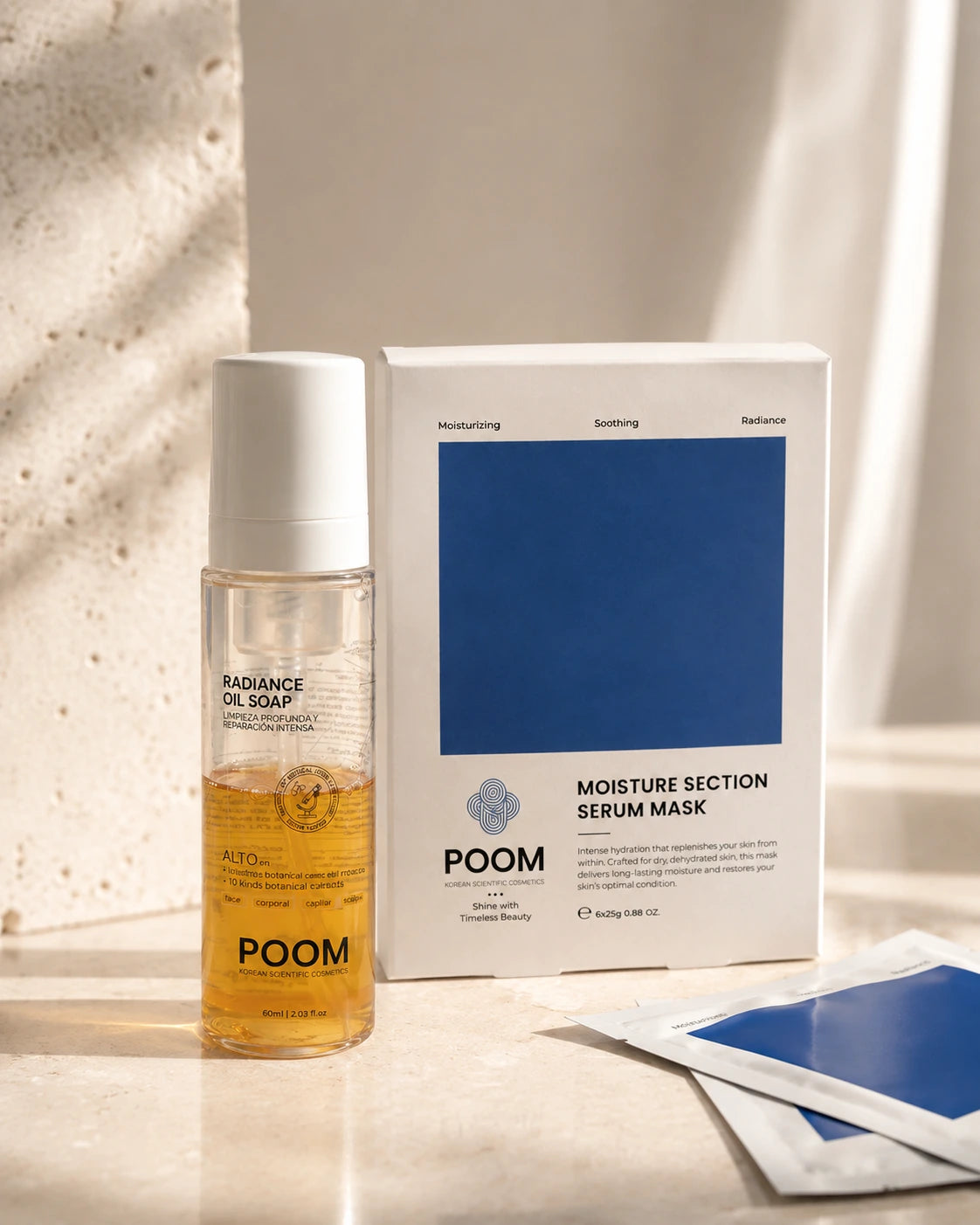 Radiance Oil Soap y caja de 6 mascarillas Moisture Section de POOM
