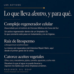 Activos principales de POOM Radiance Oil Soap · fórmula de limpieza facial en aceite y cuidado reparador