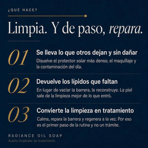 hace
Qué hace POOM Radiance Oil Soap · limpia profundamente la piel y ayuda a mantenerla reparada