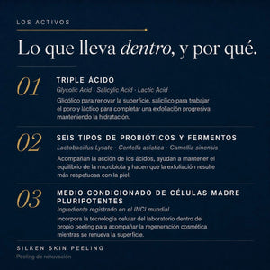 Activos de POOM Silken Skin Peeling: ácido glicólico, ácido salicílico, ácido láctico, células madre y 6 probióticos