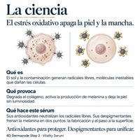 Infografía sobre los activos despigmentantes y antioxidantes de POOM Vitality Serum
