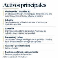Ingredientes activos de POOM Vitality Serum, con niacinamida, arbutina y glutatión