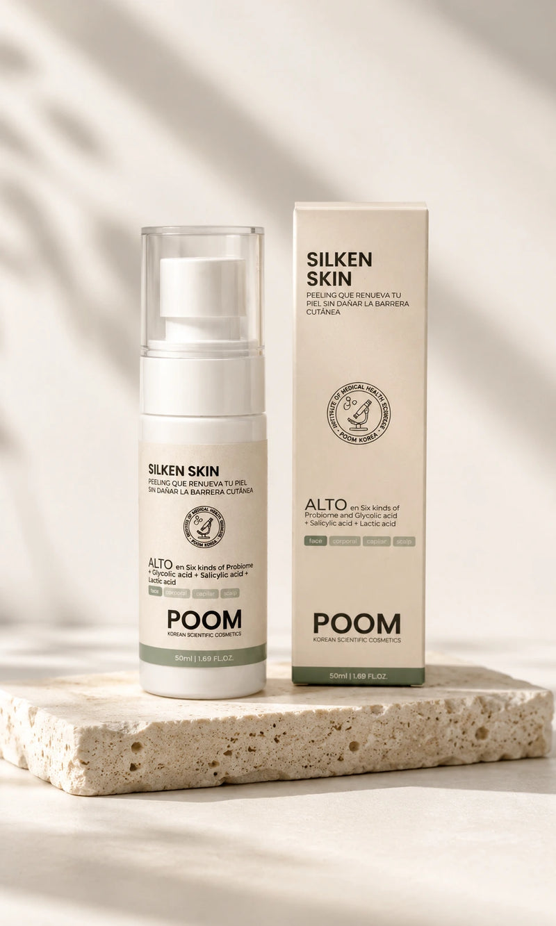 Silken Skin Peeling POOM · peeling químico doméstico con ácido glicólico, salicílico y láctico, células madre y 6 probióticos · cosmética sanitaria coreana