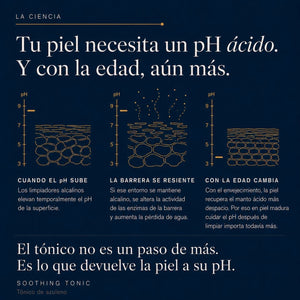 Ciencia de Soothing Tonic POOM, formulado con arcilla verde, frambuesa y selenio fermentado para el cuidado de pieles reactivas.