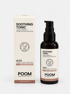 Soothing Tonic POOM tónico detox facial con arcilla verde, frambuesa y selenio fermentado con su caja
