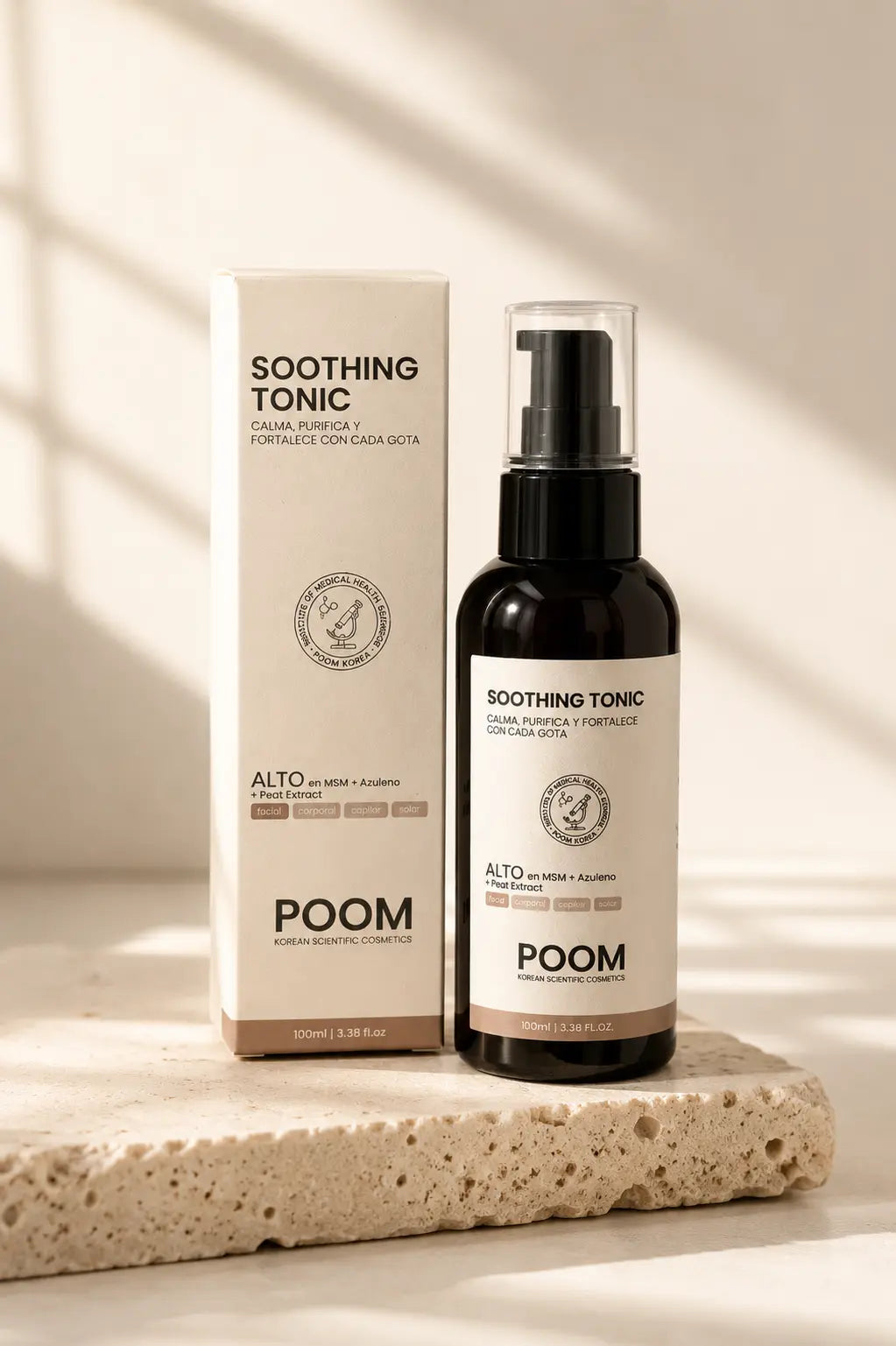 Soothing Tonic POOM · tónico detox facial con arcilla verde, frambuesa y selenio fermentado para pieles asfixiadas y reactivas