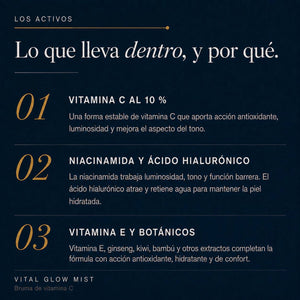 Activos de Vital Glow POOM con vitamina C activada al instante y componentes antioxidantes para luminosidad y cuidado antiedad.