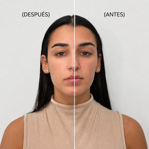 Antes y después del uso de Vital Glow POOM mostrando una piel más luminosa y de tono más uniforme