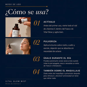 Cómo usar Vital Glow POOM: activar la vitamina C en el momento de apertura y pulverizar sobre el rostro dentro de la rutina facial.