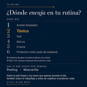 Vital Glow POOM dentro de la rutina facial como mist antioxidante e iluminador con vitamina C recién activada.